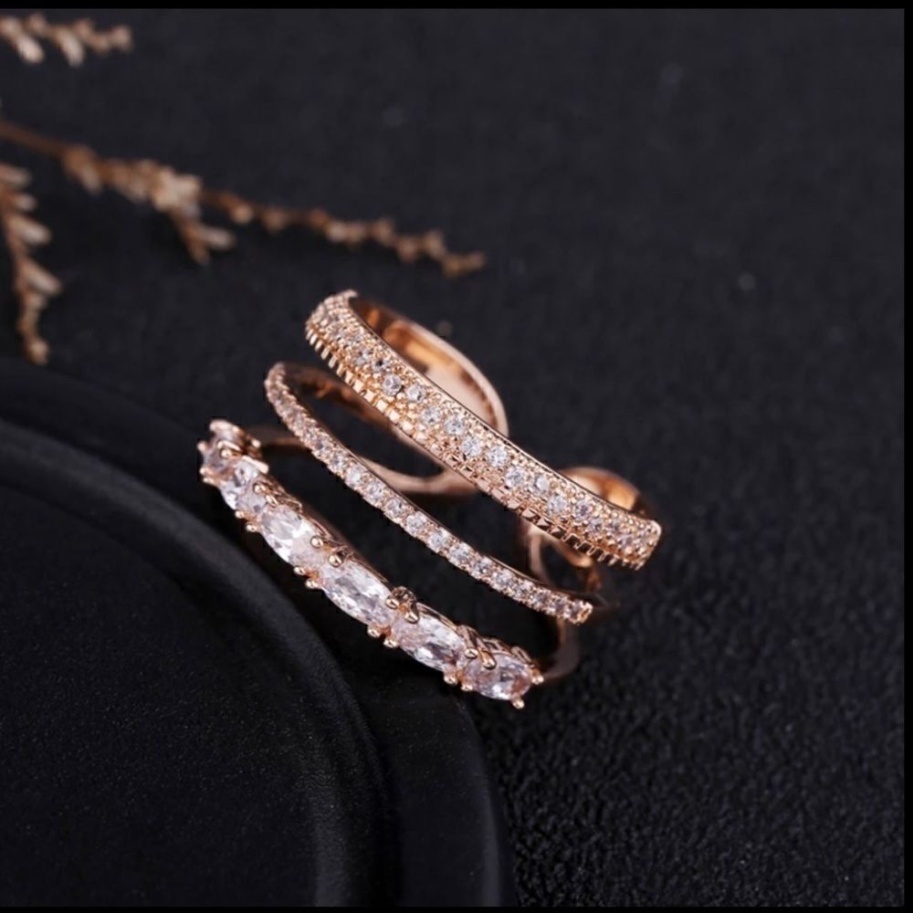 Rose Gold PLATED Triple CZ Diamond Stackable Adjustable Ring - Picture 2 of 7